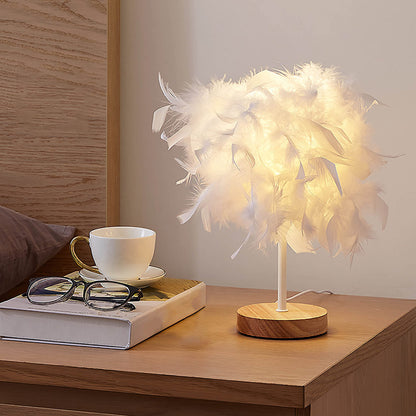 TA-019 Feather Lampshade Table Lamp Bedside LED Light Bedroom Desk Night Light Home Decoration for Sleeping, Reading