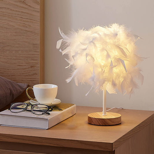 TA-019 Feather Lampshade Table Lamp Bedside LED Light Bedroom Desk Night Light Home Decoration for Sleeping, Reading