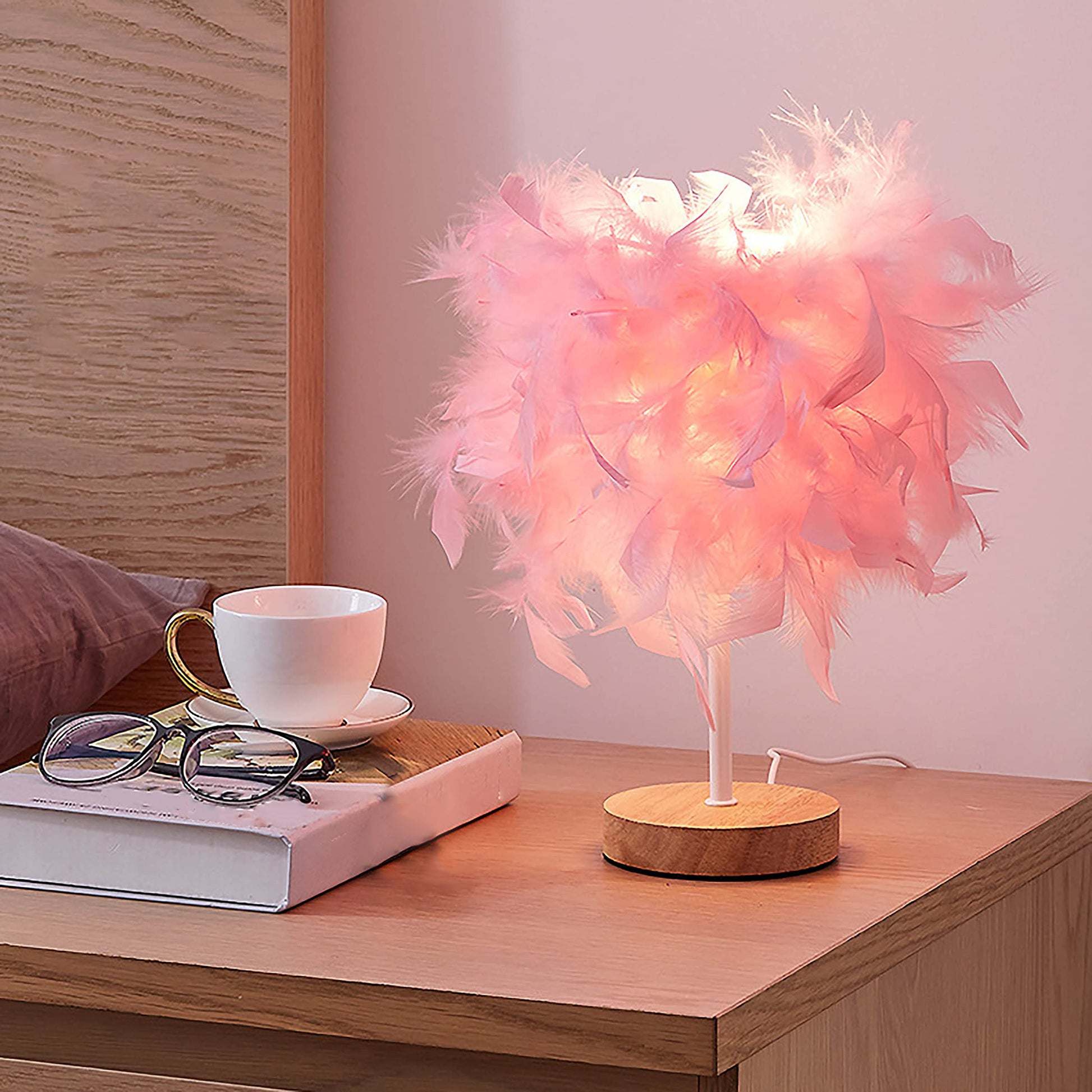 TA-019 Feather Lampshade Table Lamp Bedside LED Light Bedroom Desk Night Light Home Decoration for Sleeping, Reading