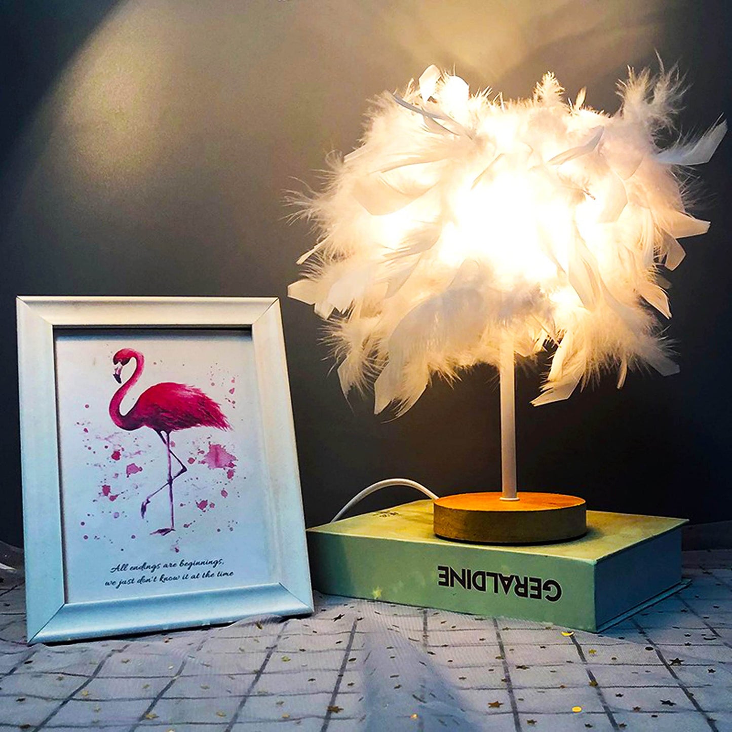 TA-019 Feather Lampshade Table Lamp Bedside LED Light Bedroom Desk Night Light Home Decoration for Sleeping, Reading