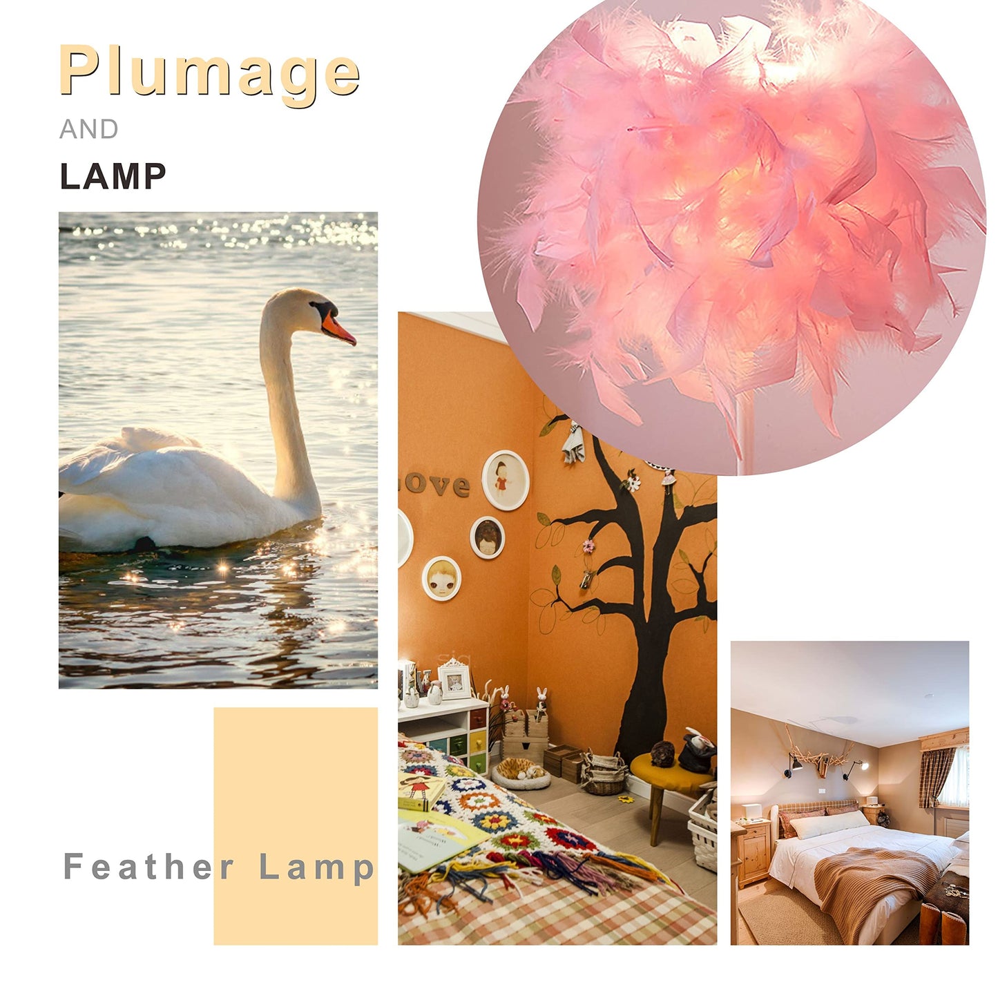 TA-019 Feather Lampshade Table Lamp Bedside LED Light Bedroom Desk Night Light Home Decoration for Sleeping, Reading