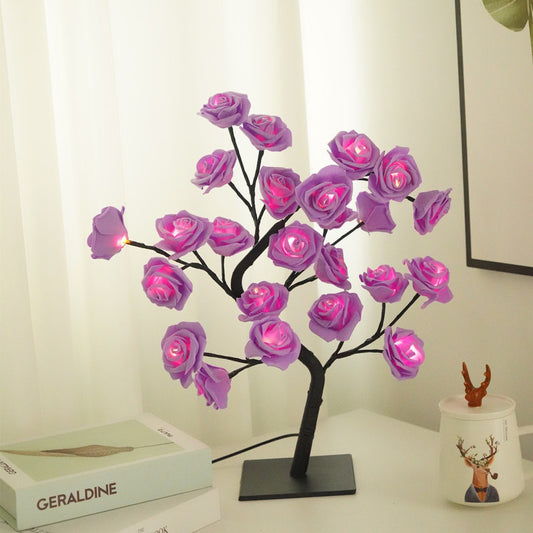 Artificial Rose Flower LED Night Light USB Powered PP+Resin Decorative Lamp with Detachable Base