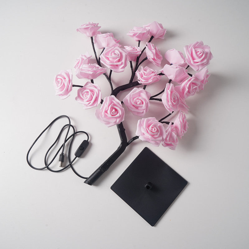 Artificial Rose Flower LED Night Light USB Powered PP+Resin Decorative Lamp with Detachable Base
