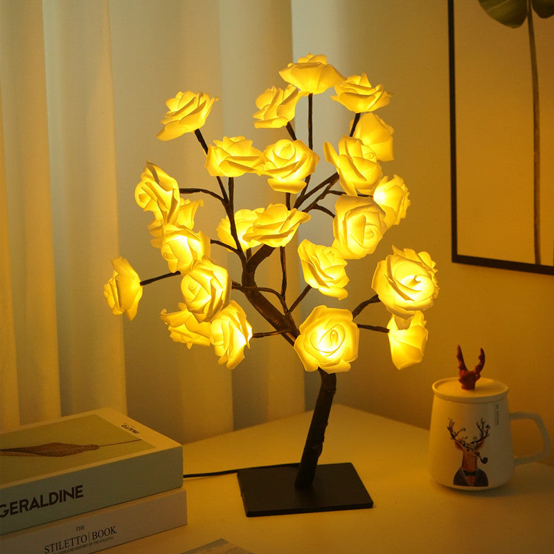 Artificial Rose Flower LED Night Light USB Powered PP+Resin Decorative Lamp with Detachable Base