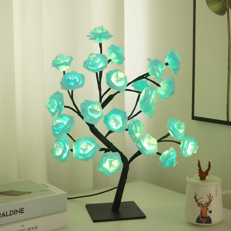 Artificial Rose Flower LED Night Light USB Powered PP+Resin Decorative Lamp with Detachable Base