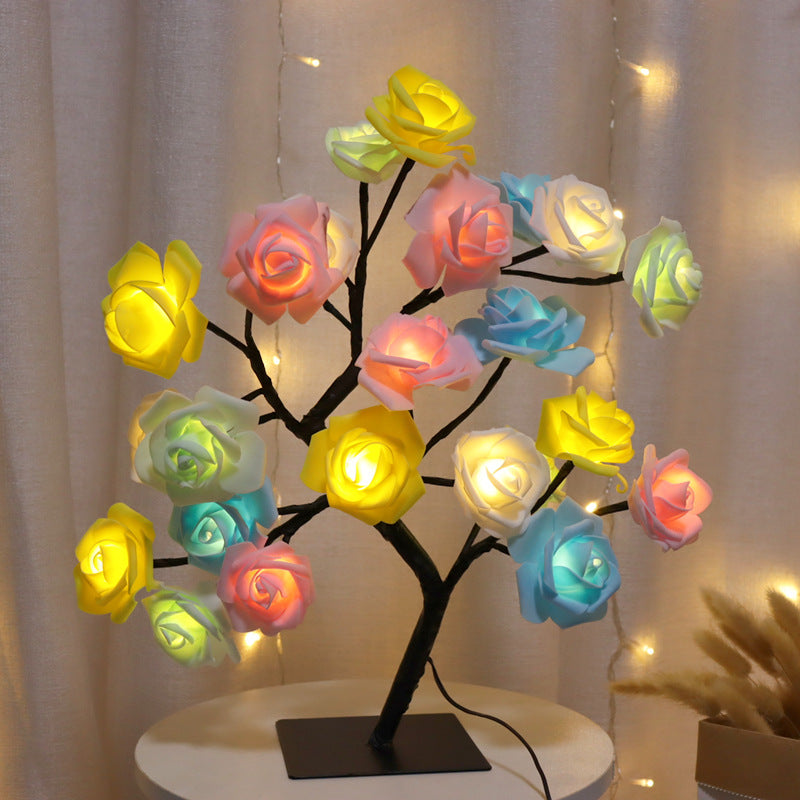 Artificial Rose Flower LED Night Light USB Powered PP+Resin Decorative Lamp with Detachable Base