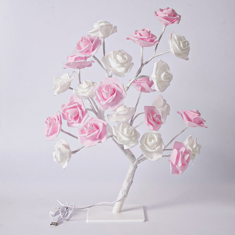Artificial Rose Flower LED Night Light USB Powered PP+Resin Decorative Lamp with Detachable Base