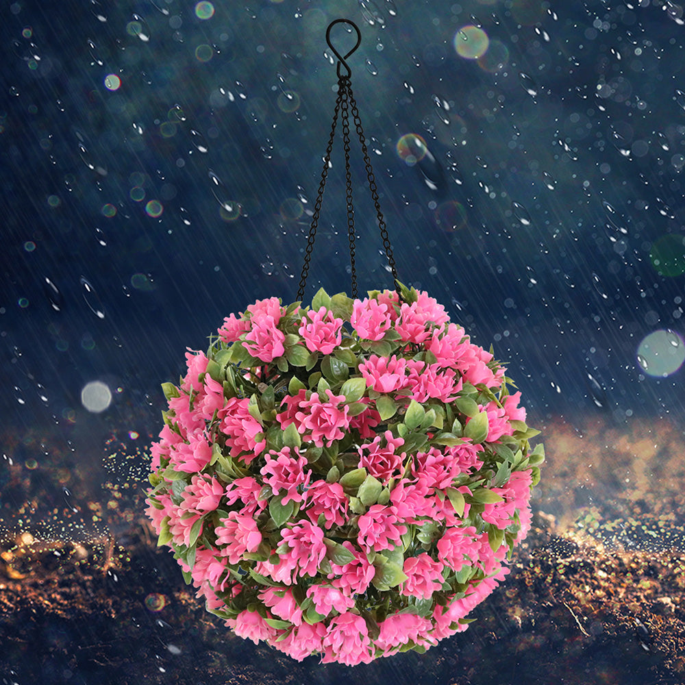 Artificial Flower Grass Ball Chandelier Outdoor Garden Hanging Solar Lamp Topiary Ball Light, Size L