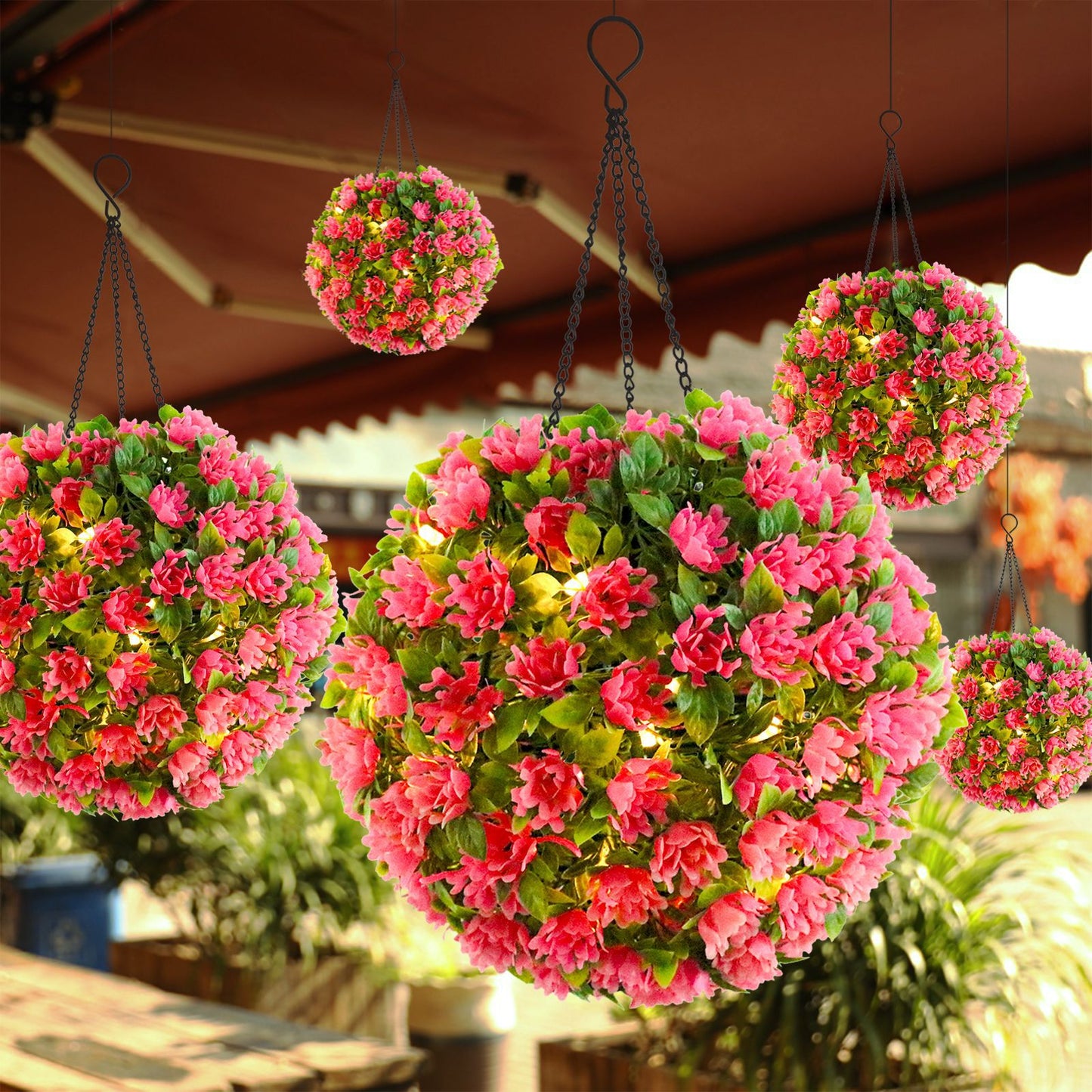 Artificial Flower Grass Ball Chandelier Outdoor Garden Hanging Solar Lamp Topiary Ball Light, Size L