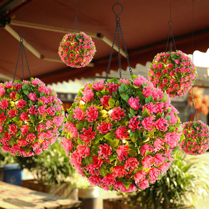 Artificial Flower Grass Ball Chandelier Outdoor Garden Hanging Solar Lamp Topiary Ball Light, Size L