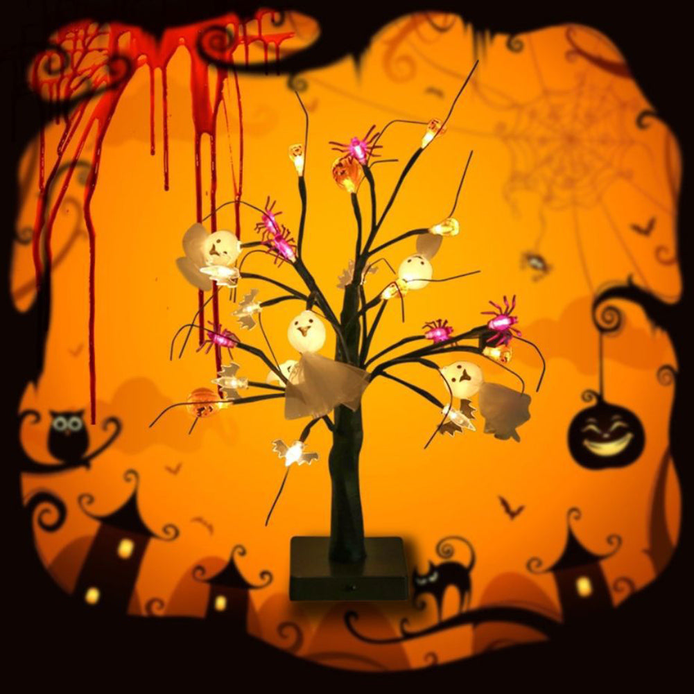 24 LEDs Halloween Tree Pumpkin Ghost Spider Light Birch Tree Battery USB Powered Party Decor