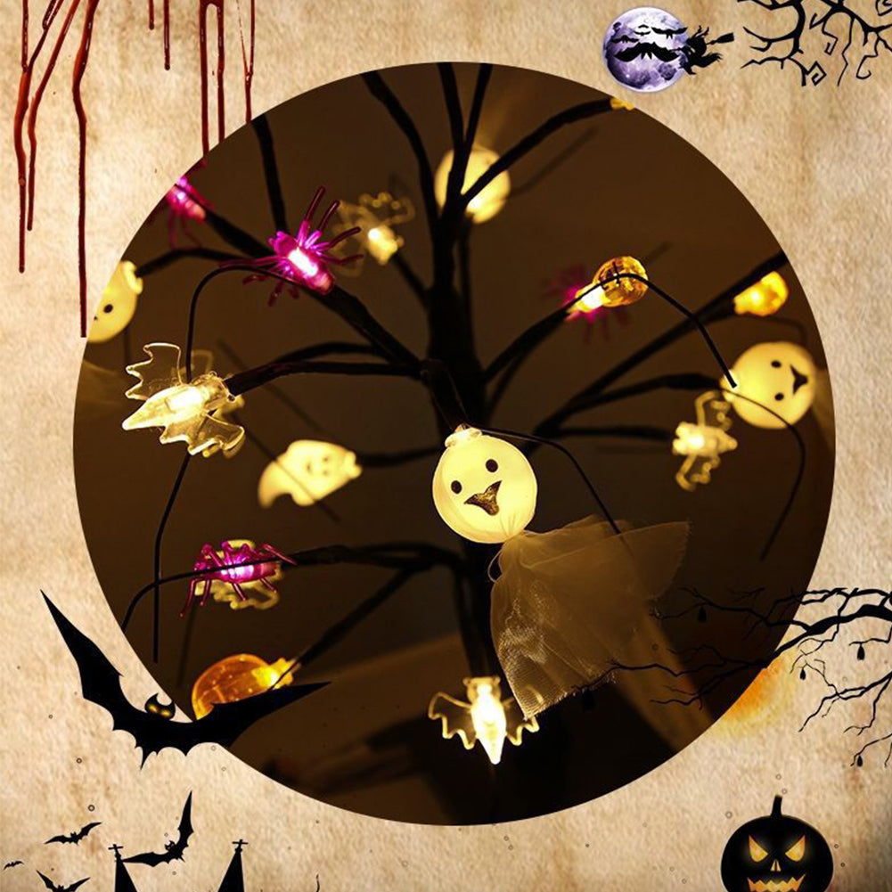 24 LEDs Halloween Tree Pumpkin Ghost Spider Light Birch Tree Battery USB Powered Party Decor