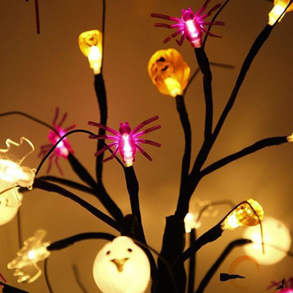 24 LEDs Halloween Tree Pumpkin Ghost Spider Light Birch Tree Battery USB Powered Party Decor
