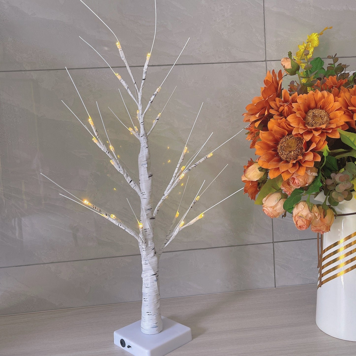 Christmas Lighted Birch Tree Branches Home Decor Tabletop Artificial Plastic Tree Lamp Xmax Ornament, 60CM