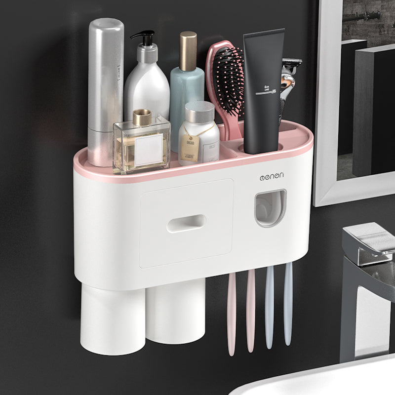 MENGNI Bathrooms Toothbrush Holder Wall Mounted 2 Cups Toothbrush Holder with Detachable Toothpaste Dispenser, 4 Brush Slot