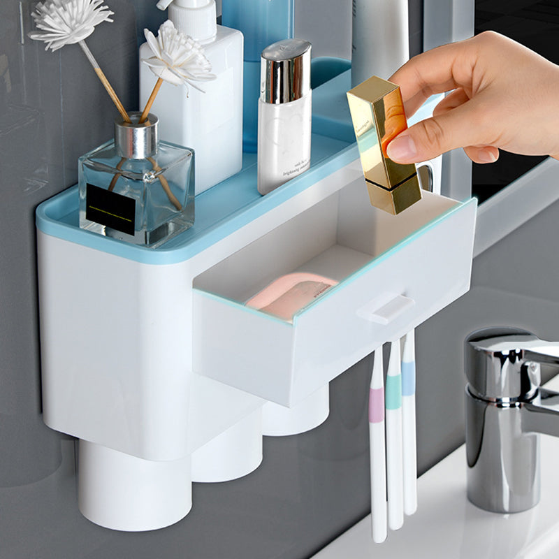 ASWEI A1909 3 Cups Toothbrush Holder Wall Mounted with Toothpaste Dispenser, Tray, Drawer, and 3 Brush Slots for Bathrooms