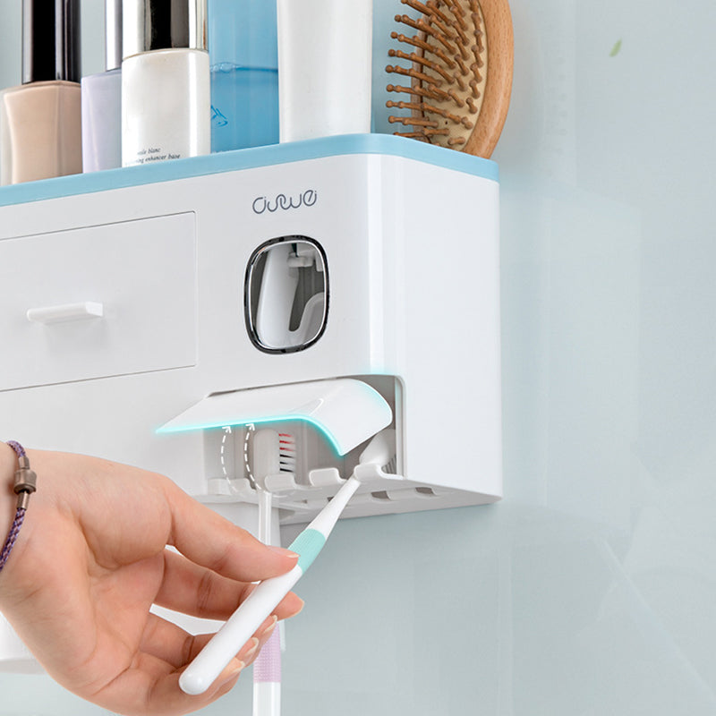 ASWEI A1909 3 Cups Toothbrush Holder Wall Mounted with Toothpaste Dispenser, Tray, Drawer, and 3 Brush Slots for Bathrooms