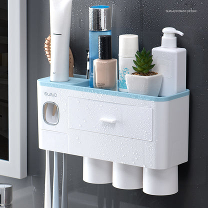 ASWEI A1909 3 Cups Toothbrush Holder Wall Mounted with Toothpaste Dispenser, Tray, Drawer, and 3 Brush Slots for Bathrooms