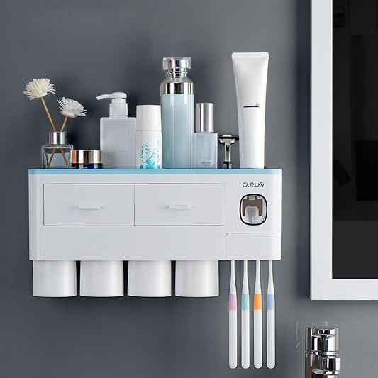 ASWEI A1910 Bathrooms Wall Mounted 4 Cups Toothbrush Holder with Toothpaste Dispenser, Tray, 2 Drawer, 4 Brush Slot
