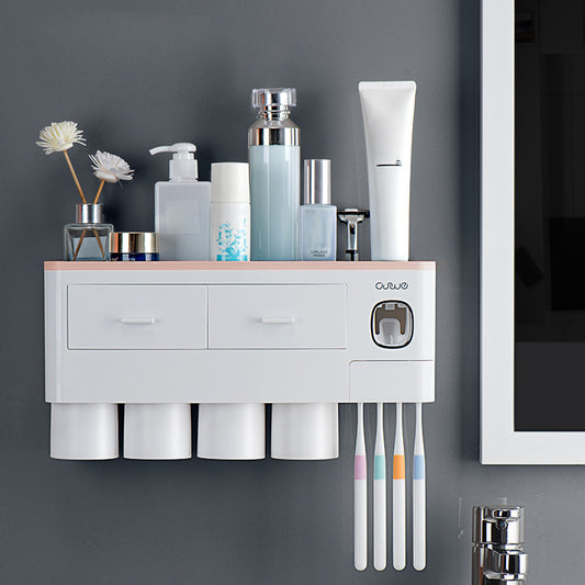ASWEI A1910 Bathrooms Wall Mounted 4 Cups Toothbrush Holder with Toothpaste Dispenser, Tray, 2 Drawer, 4 Brush Slot