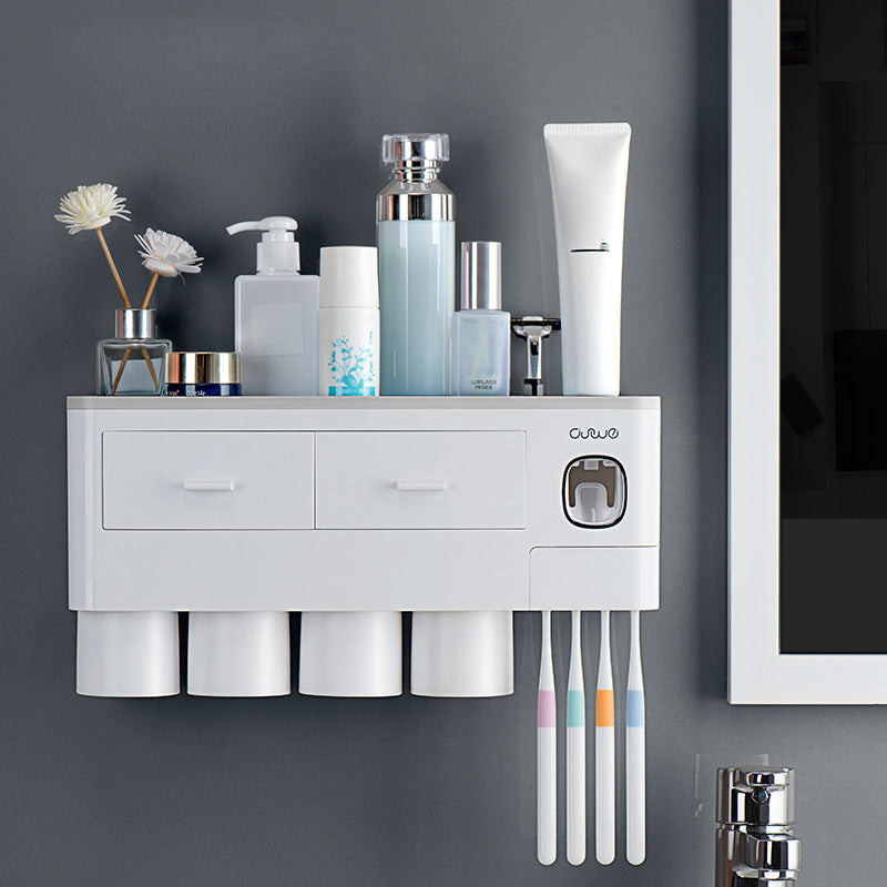 ASWEI A1910 Bathrooms Wall Mounted 4 Cups Toothbrush Holder with Toothpaste Dispenser, Tray, 2 Drawer, 4 Brush Slot