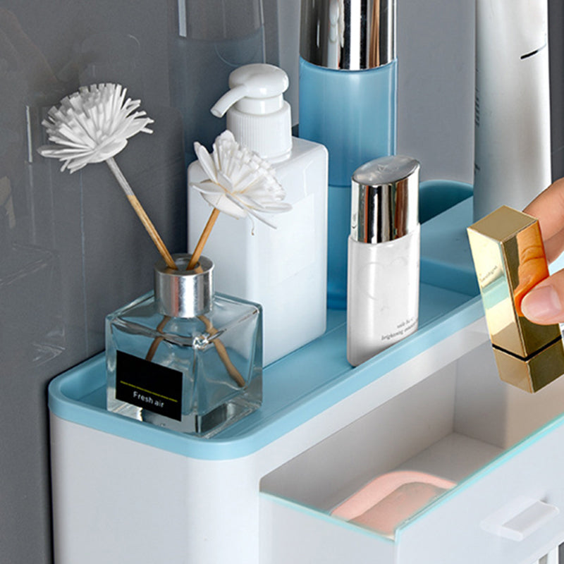 ASWEI A1910 Bathrooms Wall Mounted 4 Cups Toothbrush Holder with Toothpaste Dispenser, Tray, 2 Drawer, 4 Brush Slot