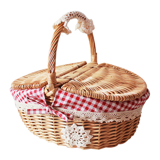 Hand-Woven Wicker Picnic Basket Lid Design Cotton+Linen Cloth Lining Blanket for Eggs, Candy, Flowers, Size: L