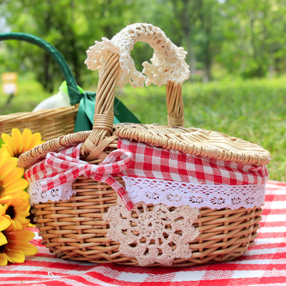 Hand-Woven Wicker Picnic Basket Lid Design Cotton+Linen Cloth Lining Blanket for Eggs, Candy, Flowers, Size: L