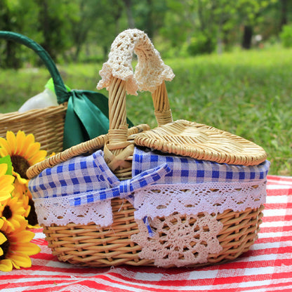 Hand-Woven Wicker Picnic Basket Lid Design Cotton+Linen Cloth Lining Blanket for Eggs, Candy, Flowers, Size: L