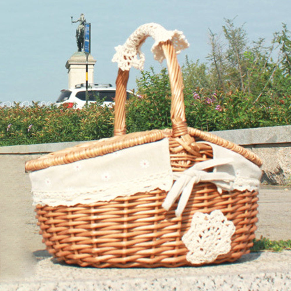 Hand-Woven Wicker Picnic Basket Lid Design Cotton+Linen Cloth Lining Blanket for Eggs, Candy, Flowers, Size: L