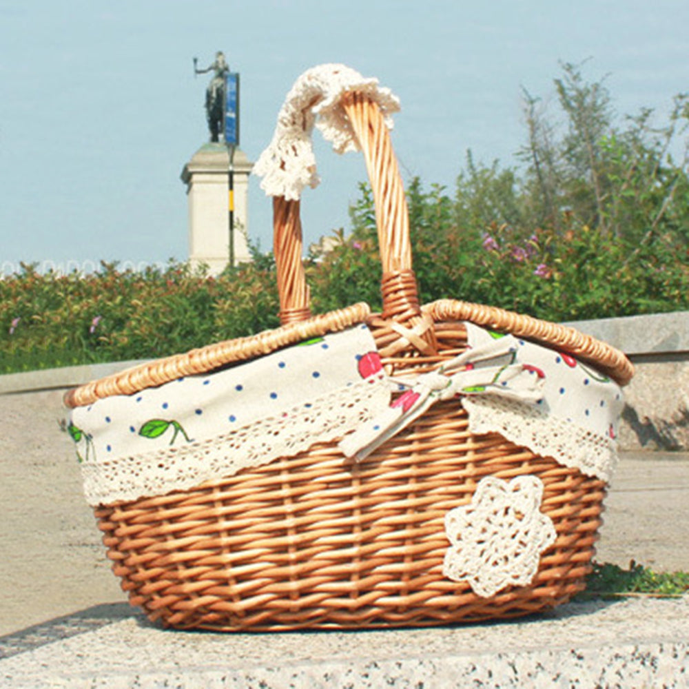 Hand-Woven Wicker Picnic Basket Lid Design Cotton+Linen Cloth Lining Blanket for Eggs, Candy, Flowers, Size: L