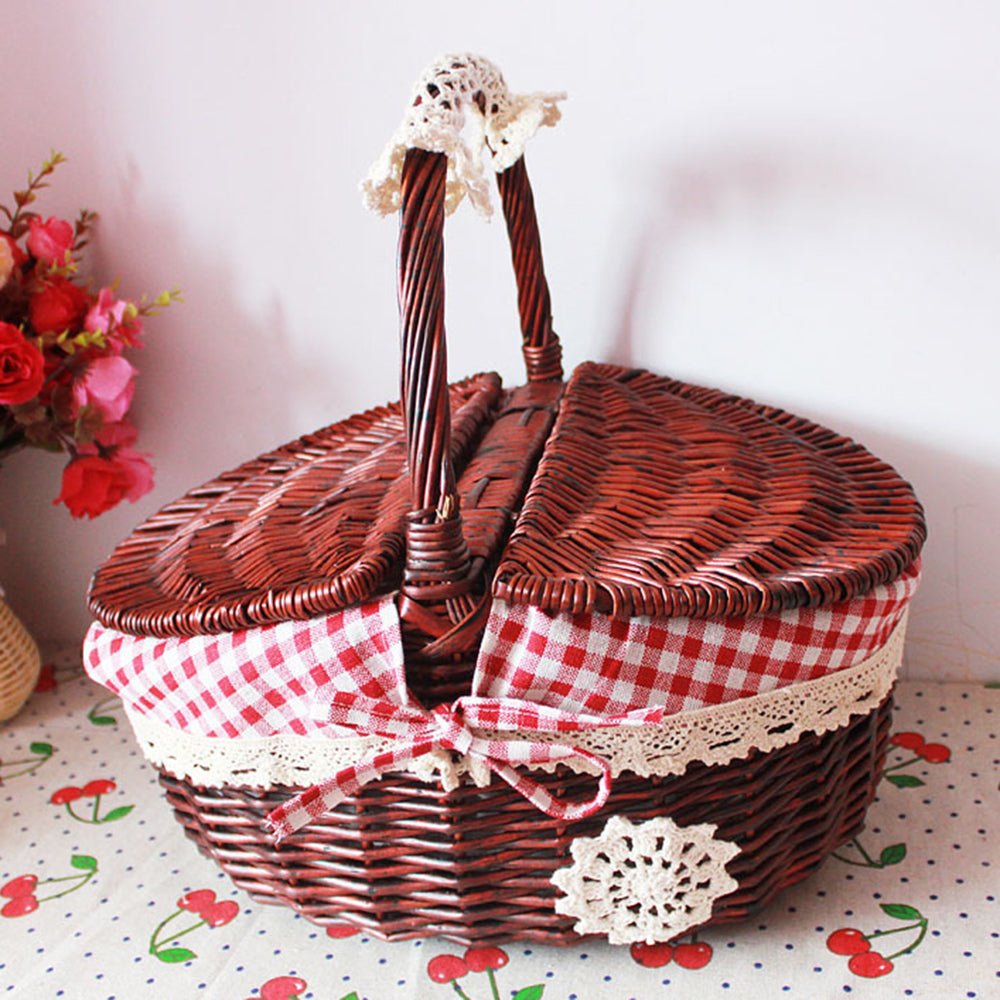 Cotton Linen Cloth Wicker Knitted Blanket Home Storage Bin Outdoor Woven Picnic Basket with Lid, Size: M