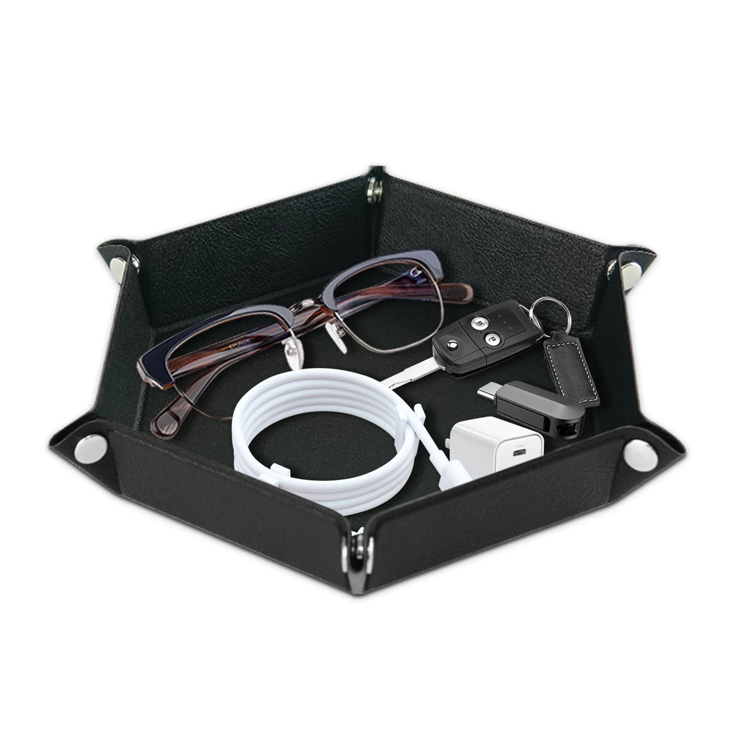 8-inch PU Leather Sundries Organizer Tray Metal Buttons Design Desktop Storage Tray
