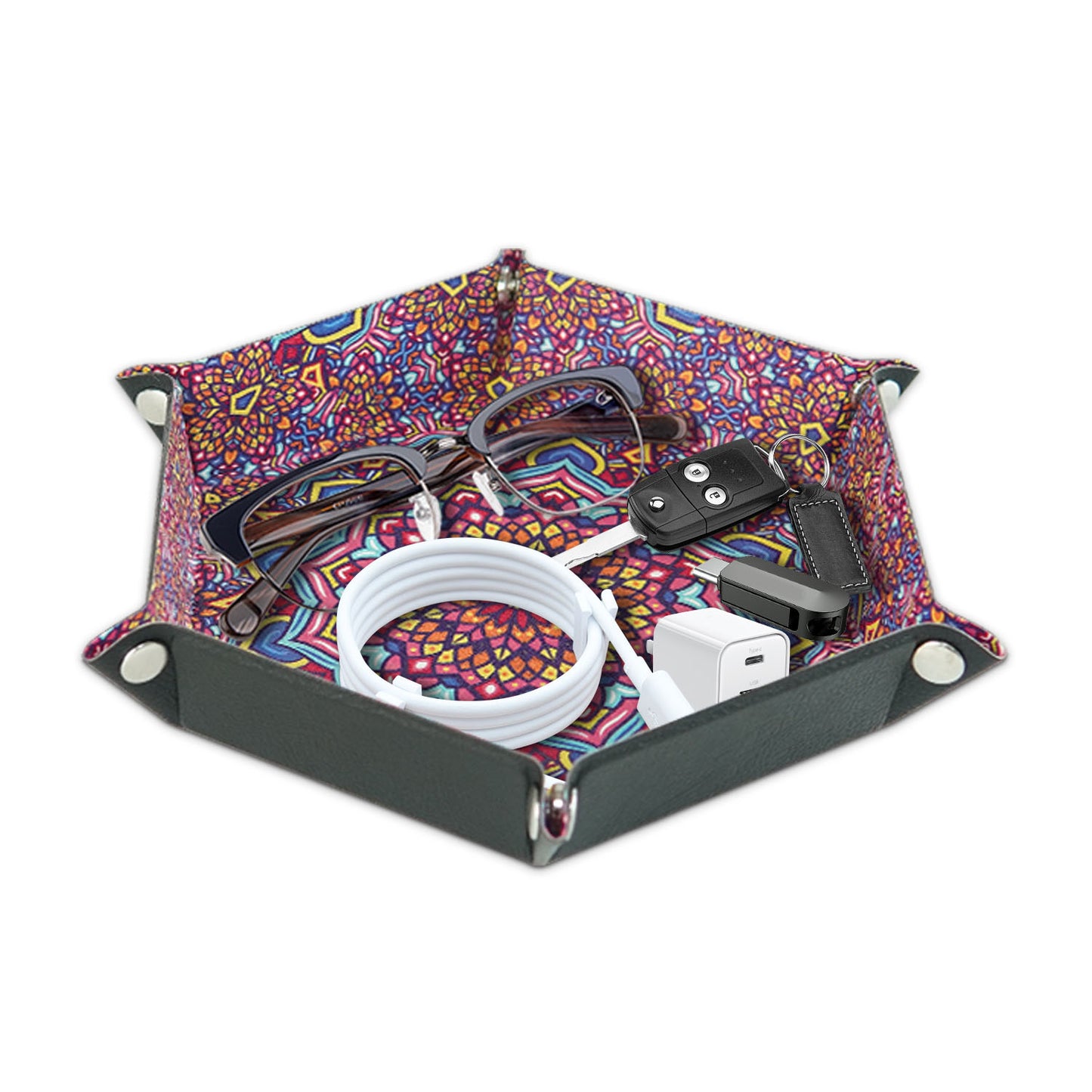 8-inch PU Leather Sundries Organizer Tray Metal Buttons Design Desktop Storage Tray