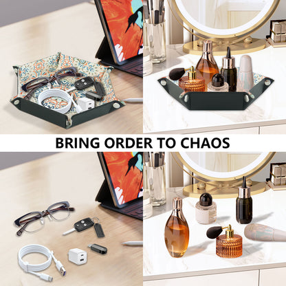 8-inch PU Leather Sundries Organizer Tray Metal Buttons Design Desktop Storage Tray