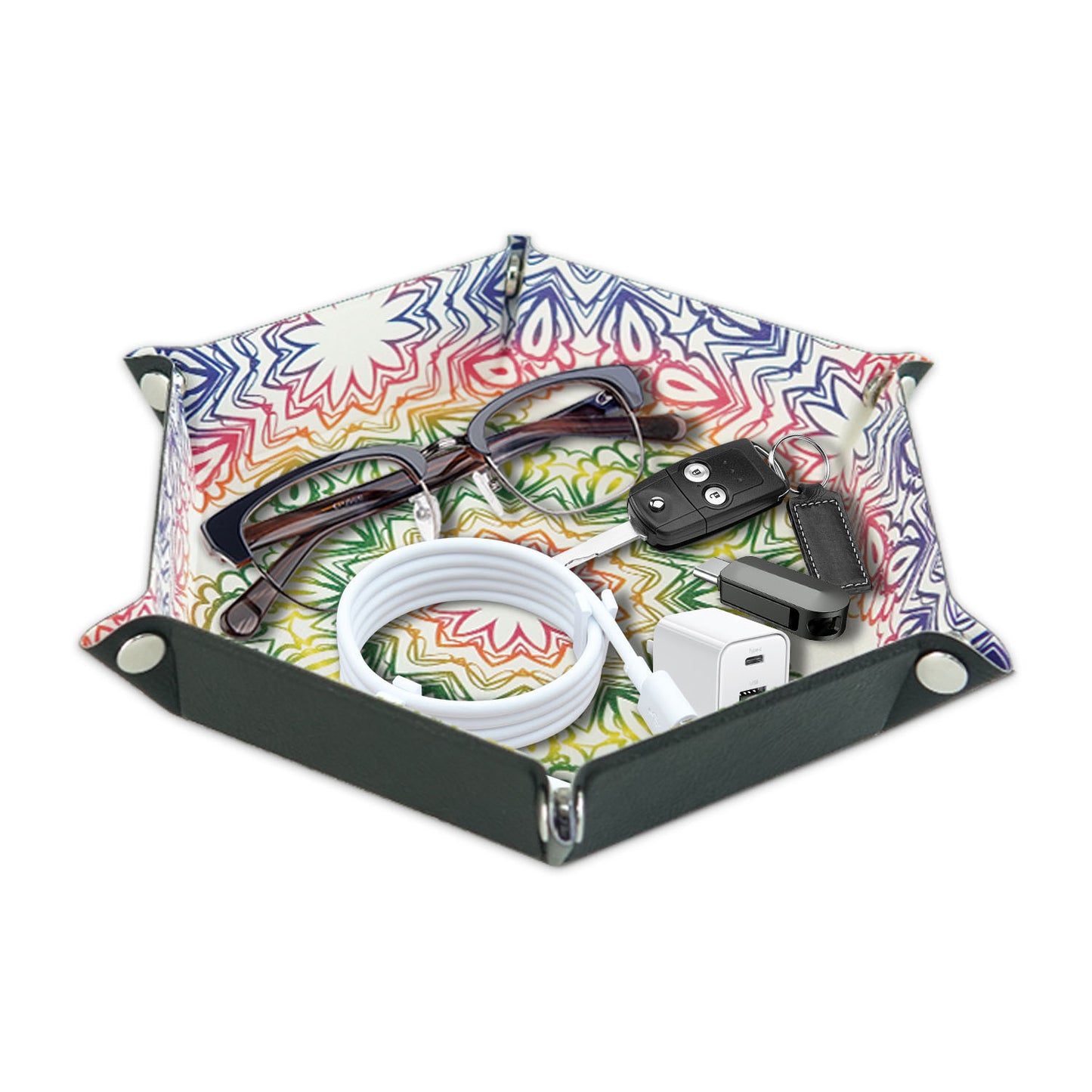 8-inch PU Leather Sundries Organizer Tray Metal Buttons Design Desktop Storage Tray