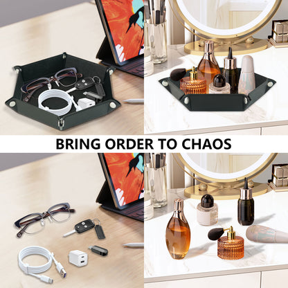7-inch PU Leather Sundries Organizer Tray Hexagon Home Desktop Storage Tray