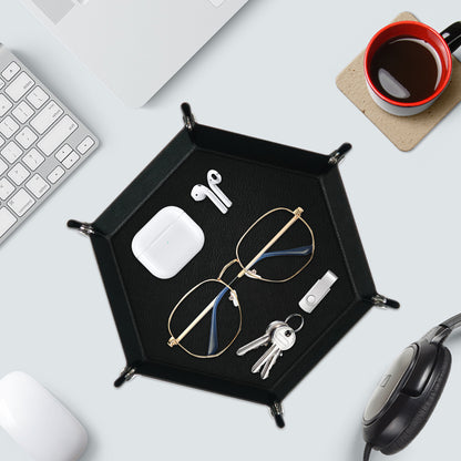 7-inch PU Leather Sundries Organizer Tray Hexagon Home Desktop Storage Tray