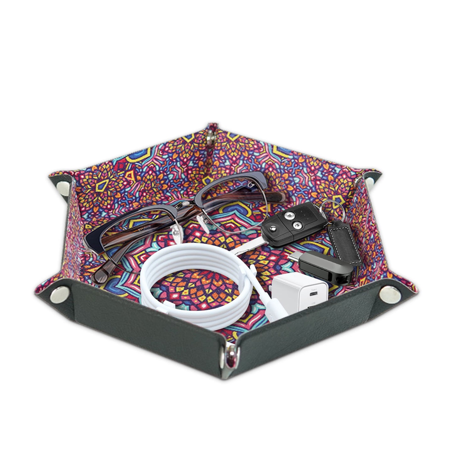 7-inch PU Leather Sundries Organizer Tray Hexagon Home Desktop Storage Tray