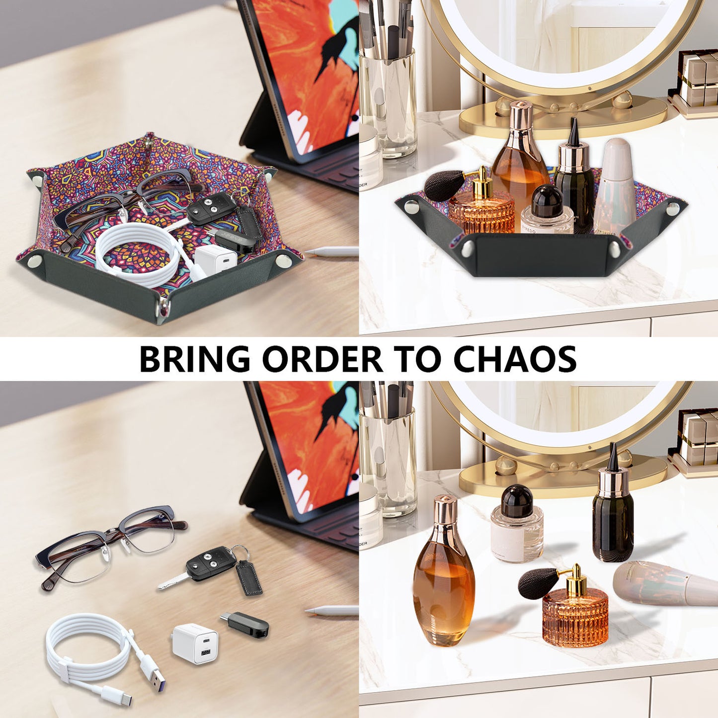 7-inch PU Leather Sundries Organizer Tray Hexagon Home Desktop Storage Tray