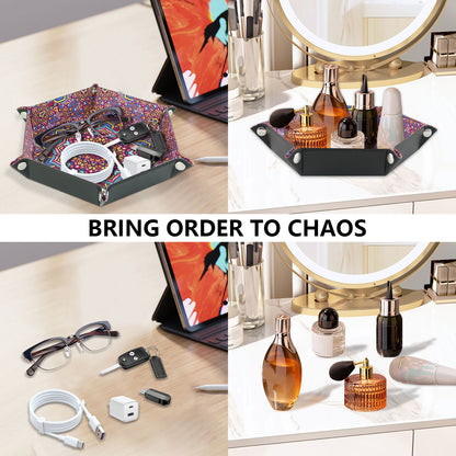 7-inch PU Leather Sundries Organizer Tray Hexagon Home Desktop Storage Tray