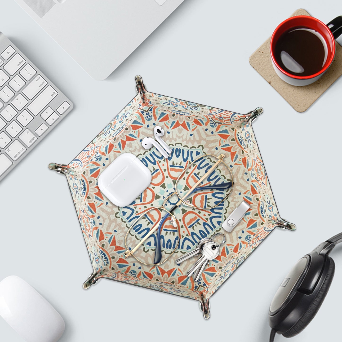 7-inch PU Leather Sundries Organizer Tray Hexagon Home Desktop Storage Tray