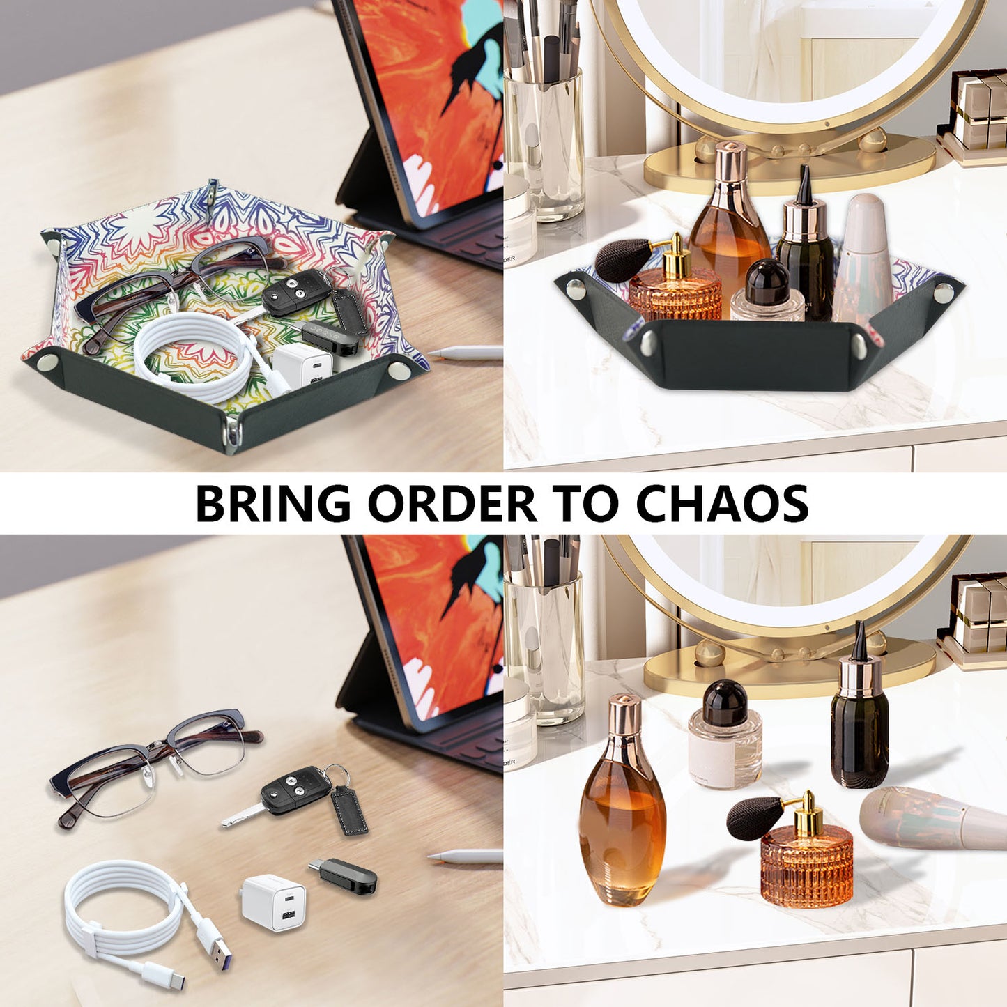 7-inch PU Leather Sundries Organizer Tray Hexagon Home Desktop Storage Tray