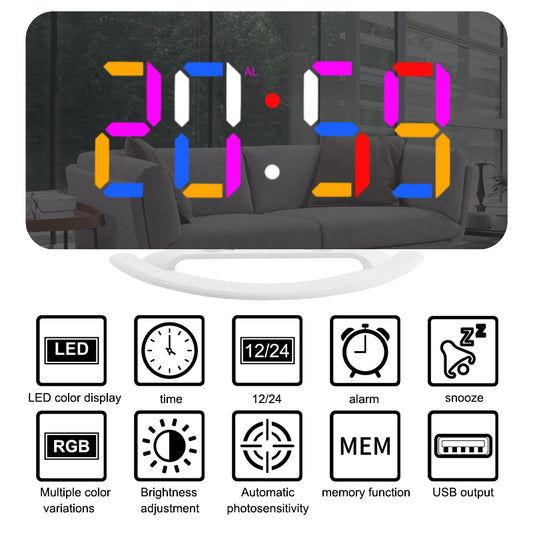 TS-8201 LED RGB Light Alarm Clock Mirror Surface Desktop Wall Hanging Clock with Dual USB Ports
