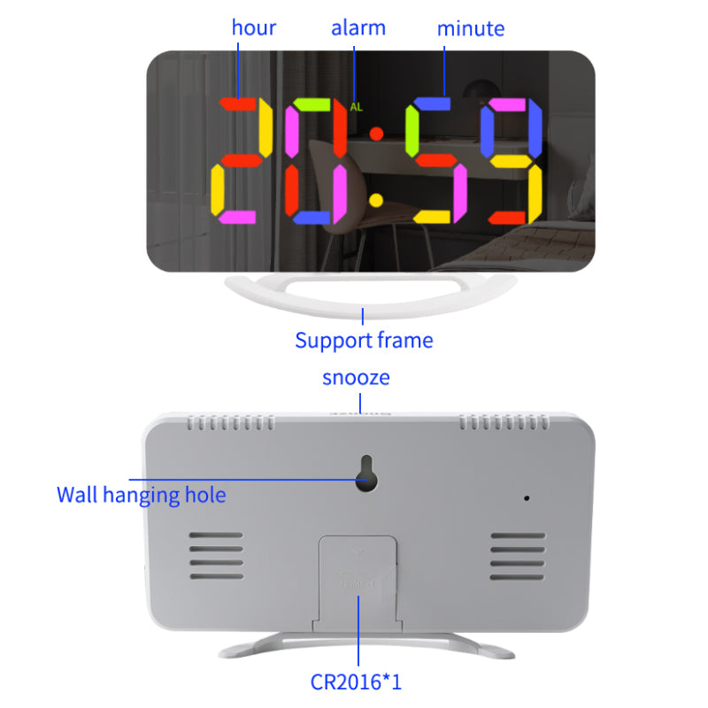 TS-8201 LED RGB Light Alarm Clock Mirror Surface Desktop Wall Hanging Clock with Dual USB Ports