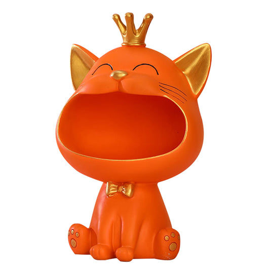 Crown Cat Sculpture Candy Sundries Keys Holder Storage Box Resin Cat Statue Home Decor, Size S