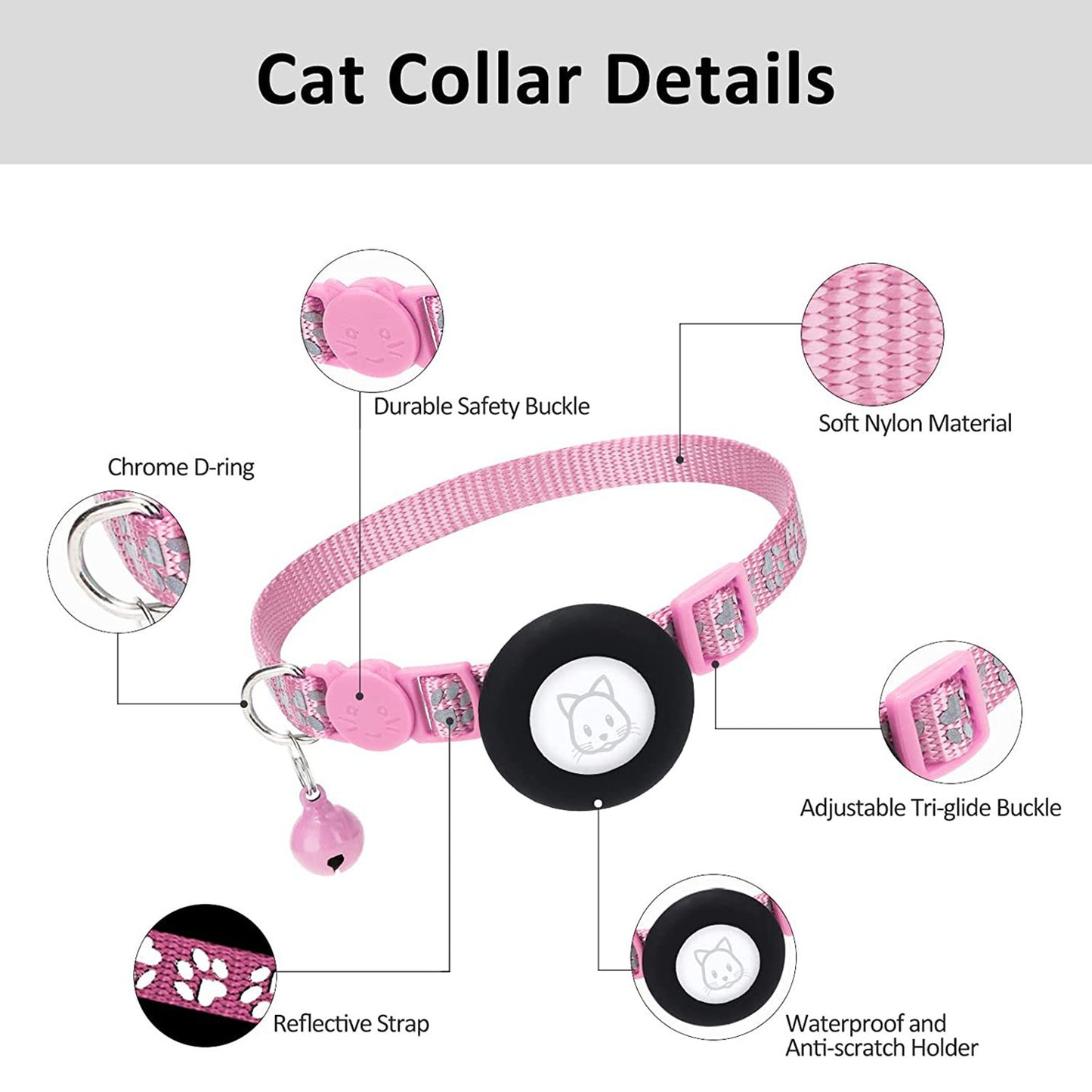Paw Pattern Reflective Nylon Pet Collar with Silicone Case + Protective Film for AirTag Tracker ST