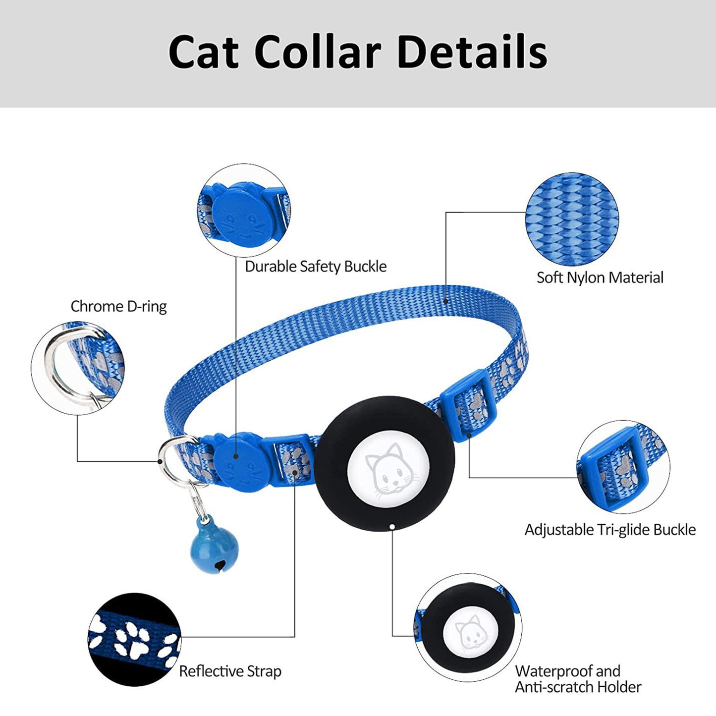 Paw Pattern Reflective Nylon Pet Collar with Silicone Case + Protective Film for AirTag Tracker ST