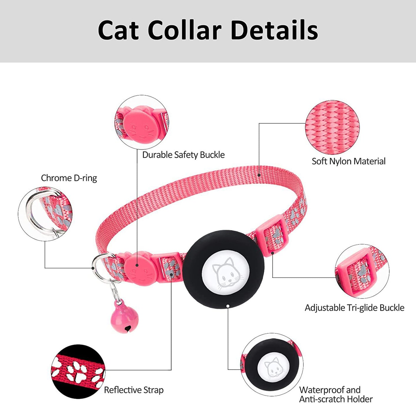 Paw Pattern Reflective Nylon Pet Collar with Silicone Case + Protective Film for AirTag Tracker ST