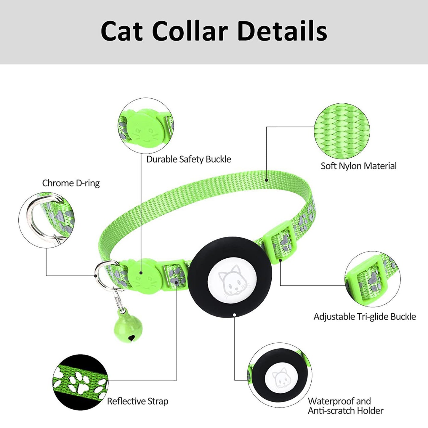 Paw Pattern Reflective Nylon Pet Collar with Silicone Case + Protective Film for AirTag Tracker ST